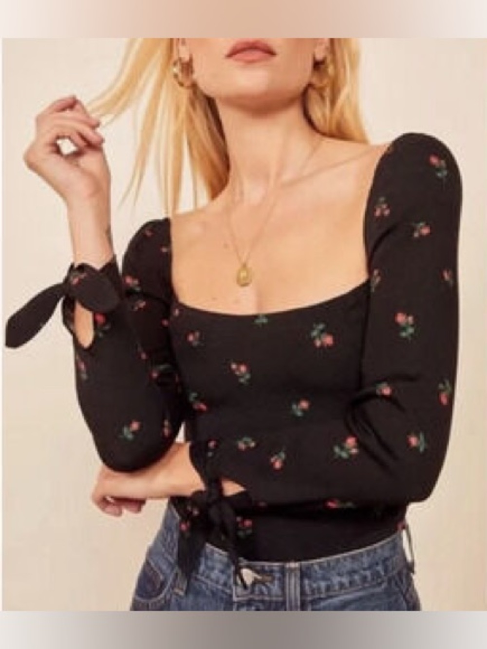 Reformation Black Square-Neck Floral Tie-Sleeve Top